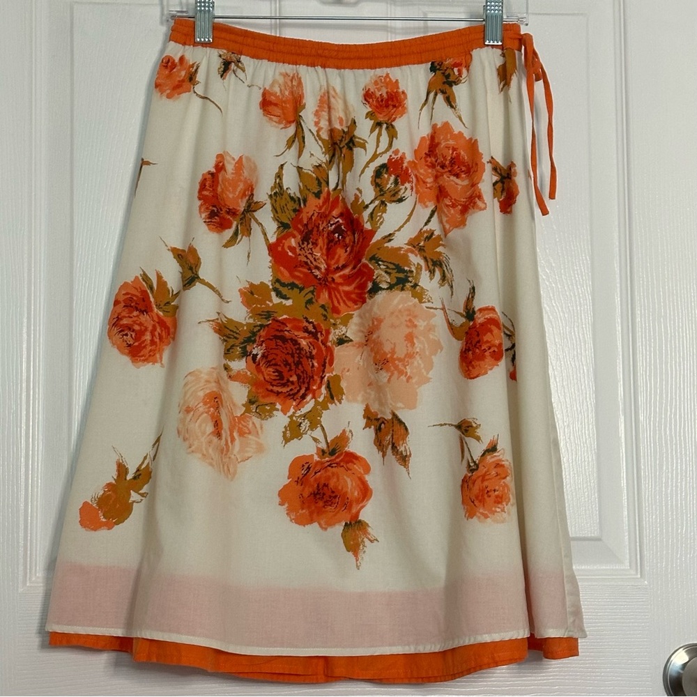 Women’s Garnet Hill Orange Floral Skirt w/Lining & Waist tie 100% cotton Sz: XS